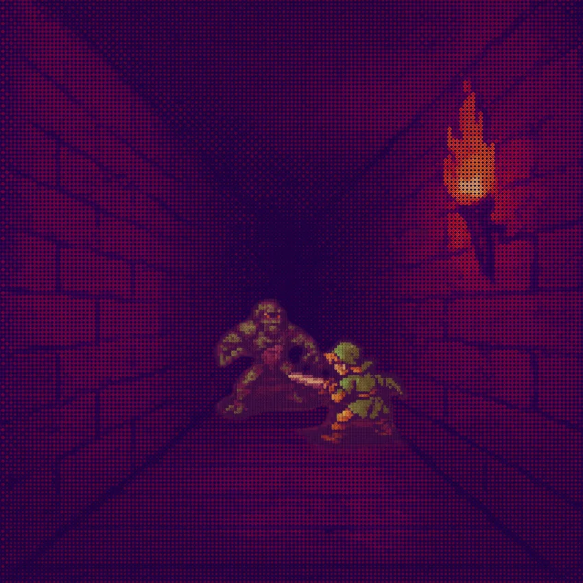 Ilustración retro de una aventura de fantasía con personajes en una escena oscura.